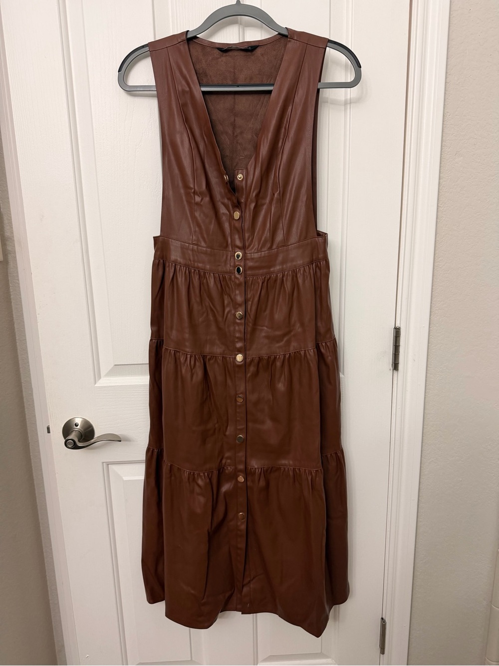 Zara Brown Faux Leather Tiered Button-Front Midi Dress